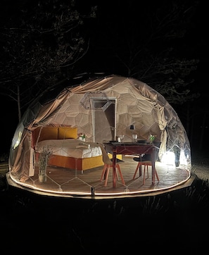 Une structure en forme de dôme géodésique comprenant un lit, un espace salon et une table.