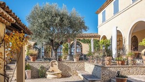 A courtyard with stone walls, potted plants, and a large tree. - Villa with views of the Alpilles and Luberon mountains (Mallemort)