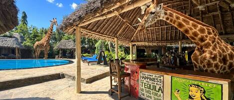 A poolside area with a bar, a giraffe statue, and a sign promoting tequila.