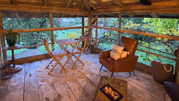 A wooden deck with a rustic ceiling, a hanging light fixture, a wooden table, a cushioned chair, and a view of greenery outside.