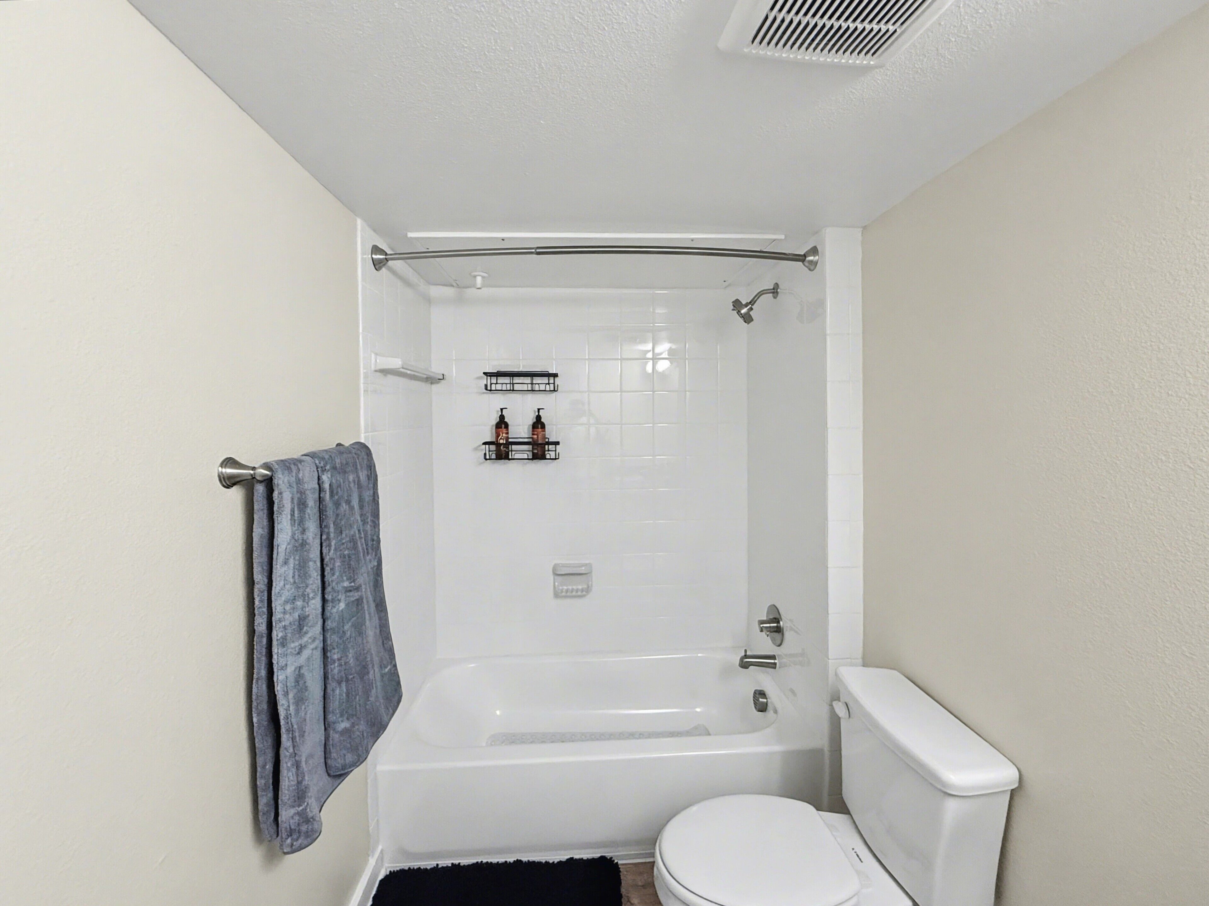Hair dryer, towels, soap, shampoo
