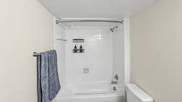 Hair dryer, towels, soap, shampoo
