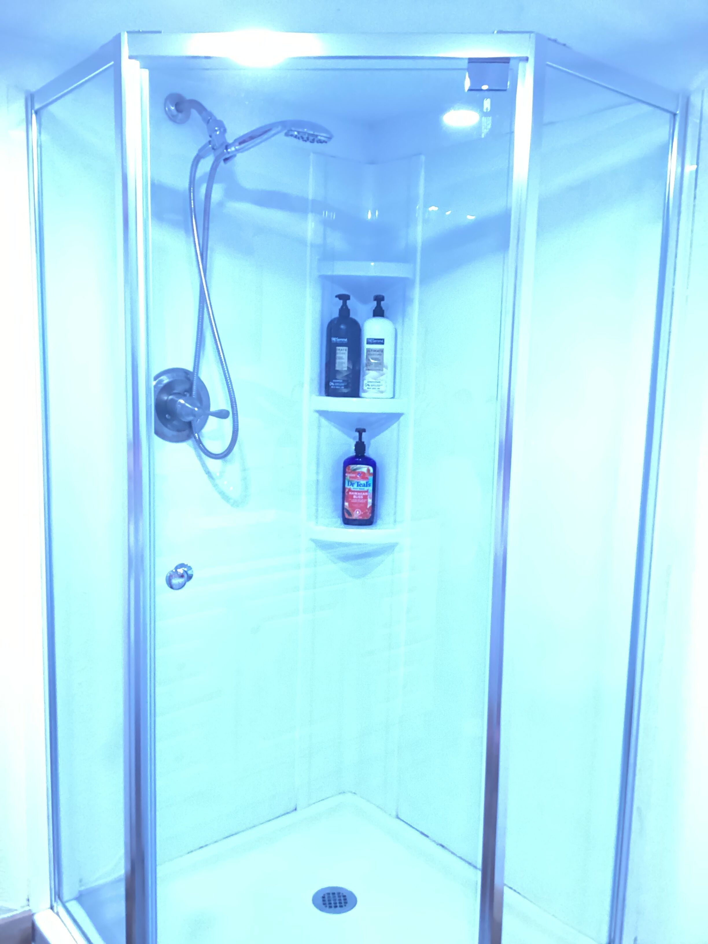 A glass-enclosed shower stall with a handheld showerhead, a built-in shelf with toiletries, and a drain at the bottom.