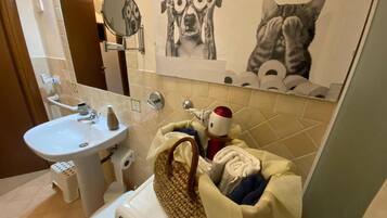 Shower, hair dryer, bidet, towels