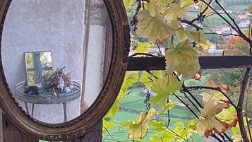 Uno specchio con cornice in legno, un tavolino con fiori secchi e vista su un vigneto attraverso una finestra.