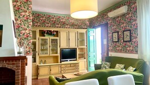 A living room with a fireplace, a television, a green sofa, and floral wallpaper. - Casa Mare Holiday, Beachfront villa equipped with amenities and beach nearby (Sicilia)