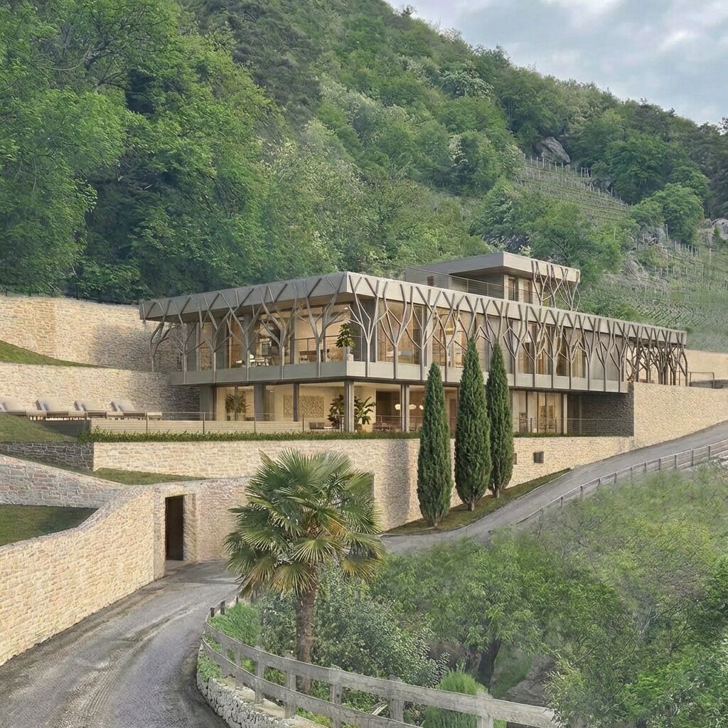 Un edificio moderno con un diseño arquitectónico único, que presenta una fachada prominente con forma de árbol y una base de piedra.