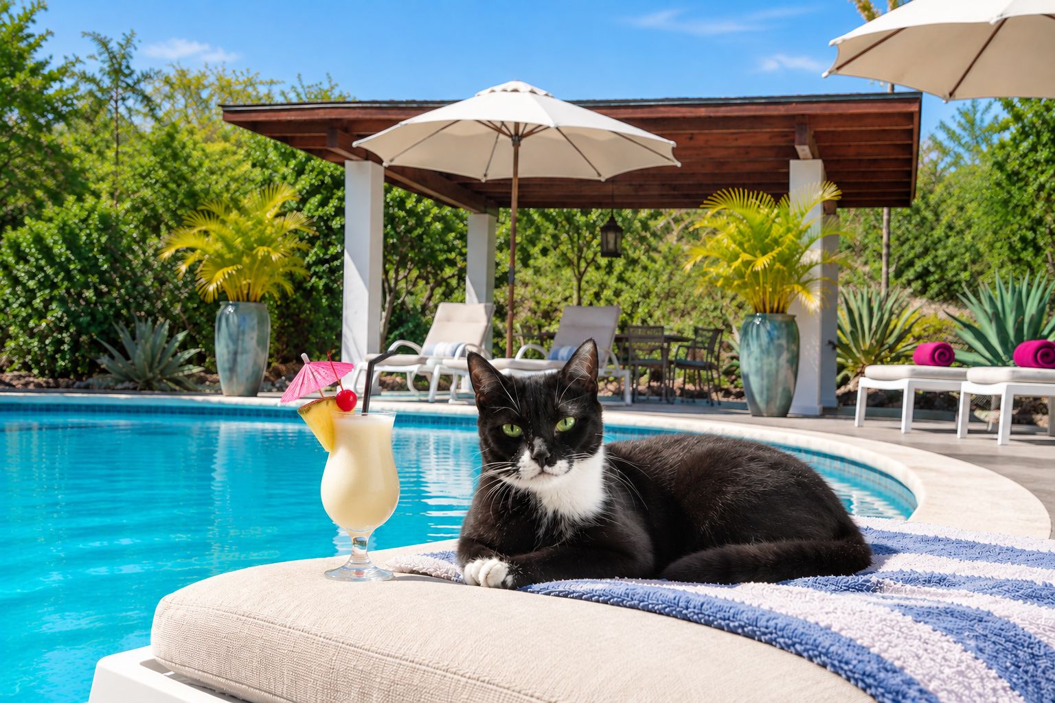 A black and white cat sitting on a lounge chair by a pool with a drink and umbrella in the background.