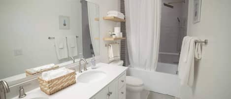 Shower, hair dryer, shampoo