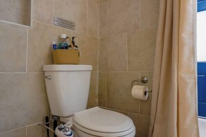 Douche, sèche-cheveux, serviettes fournies, shampoing