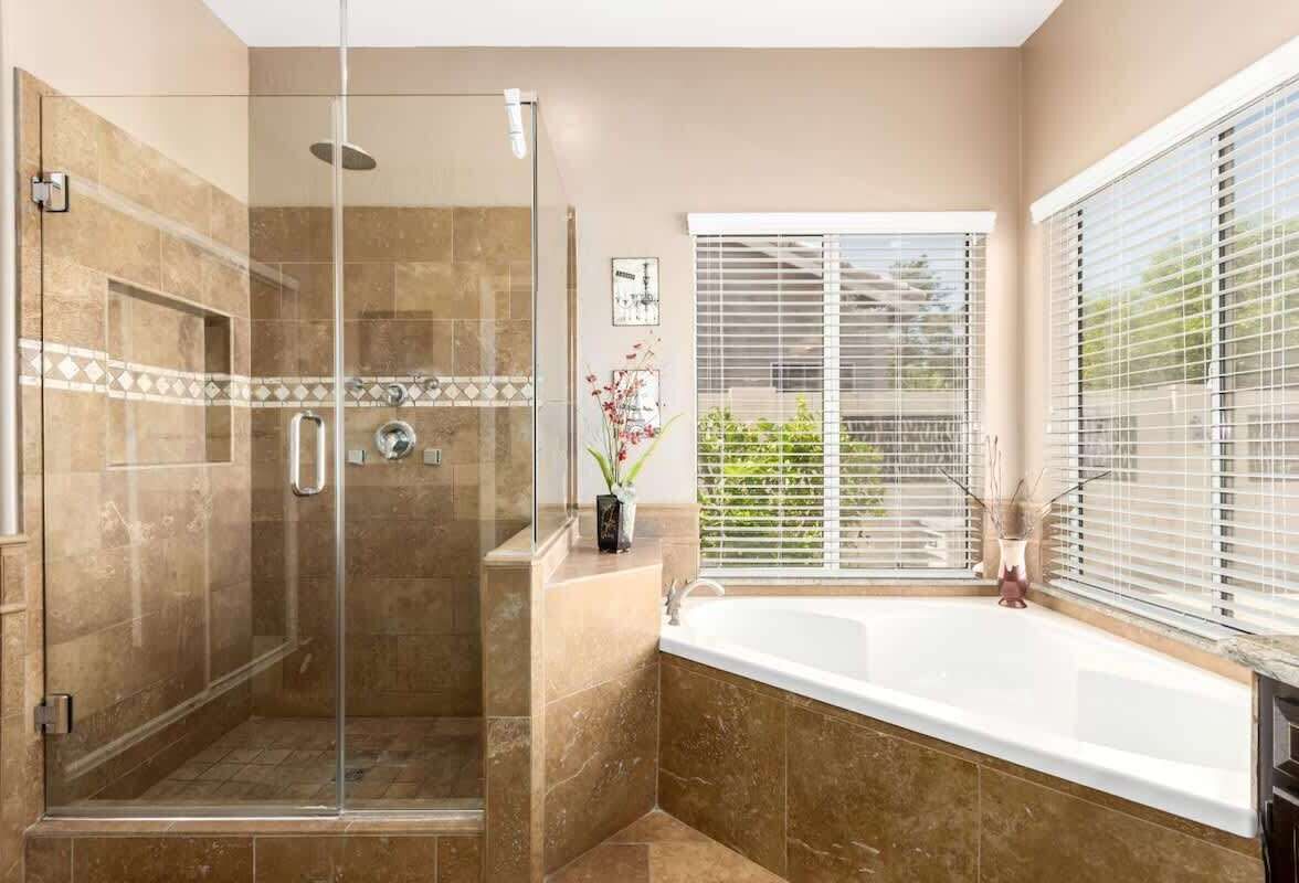 Shower, hair dryer, shampoo