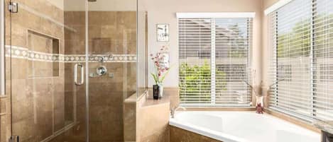 Shower, hair dryer, shampoo