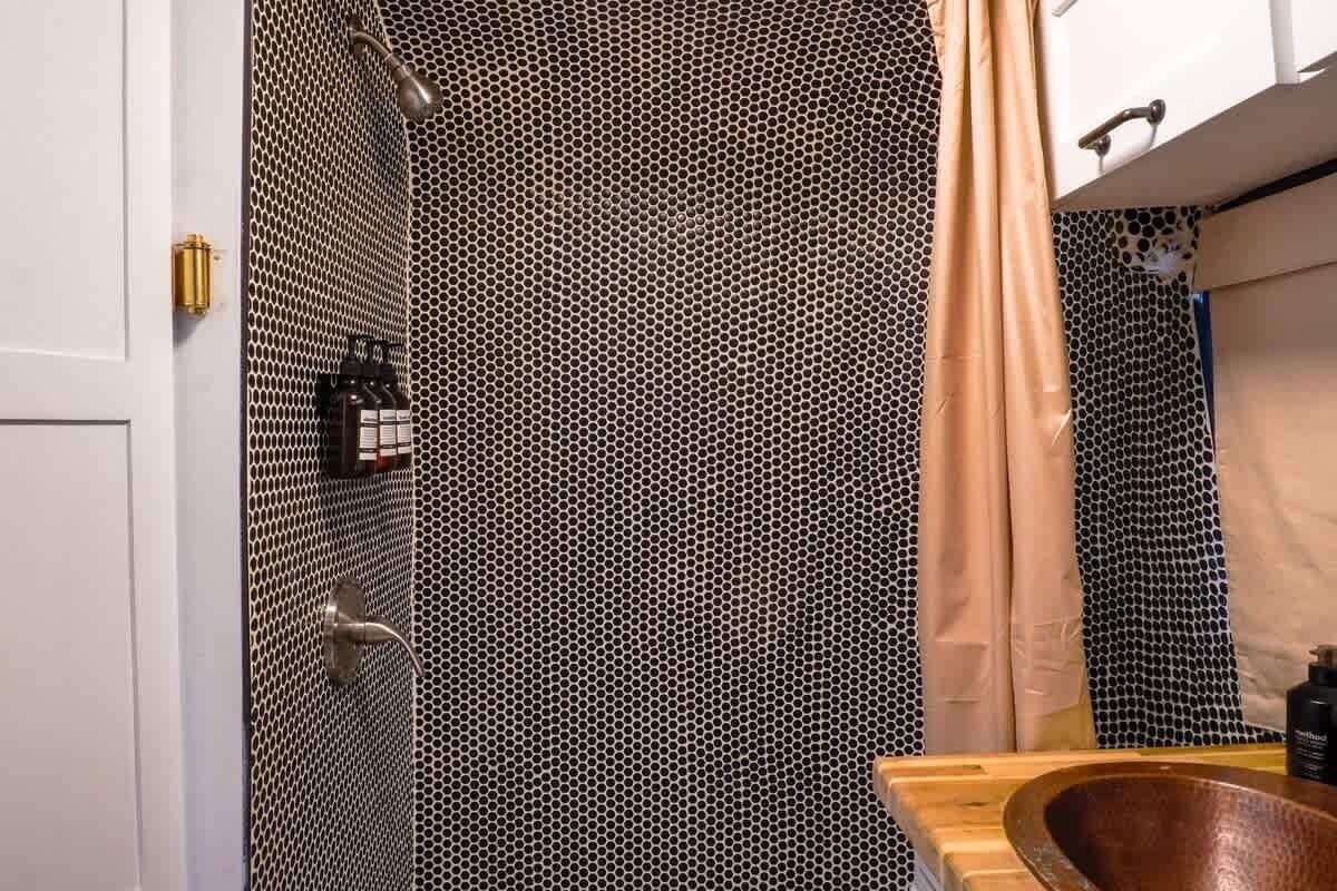 Shower, hair dryer, shampoo