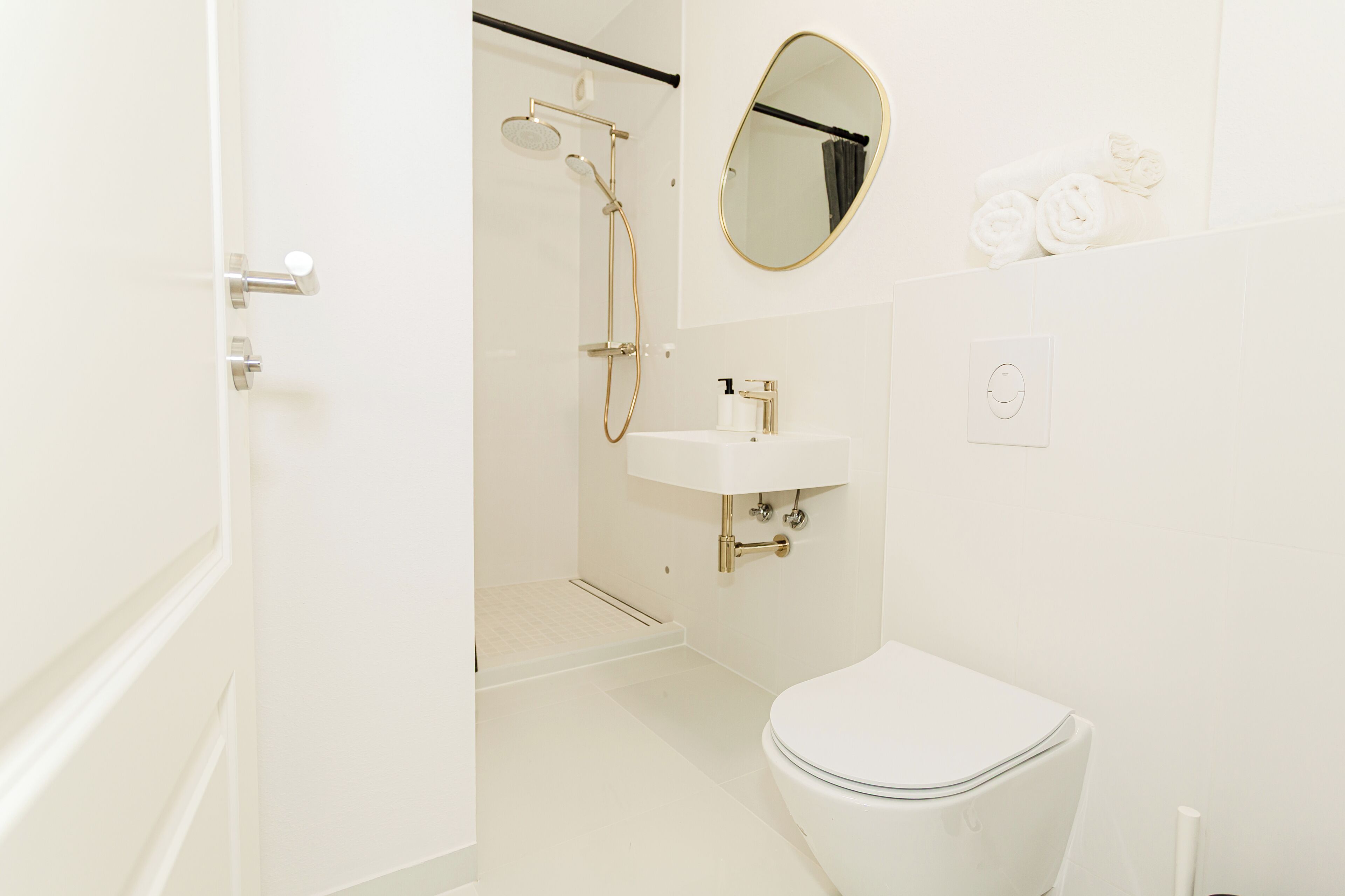 Hair dryer, towels, soap, toilet paper