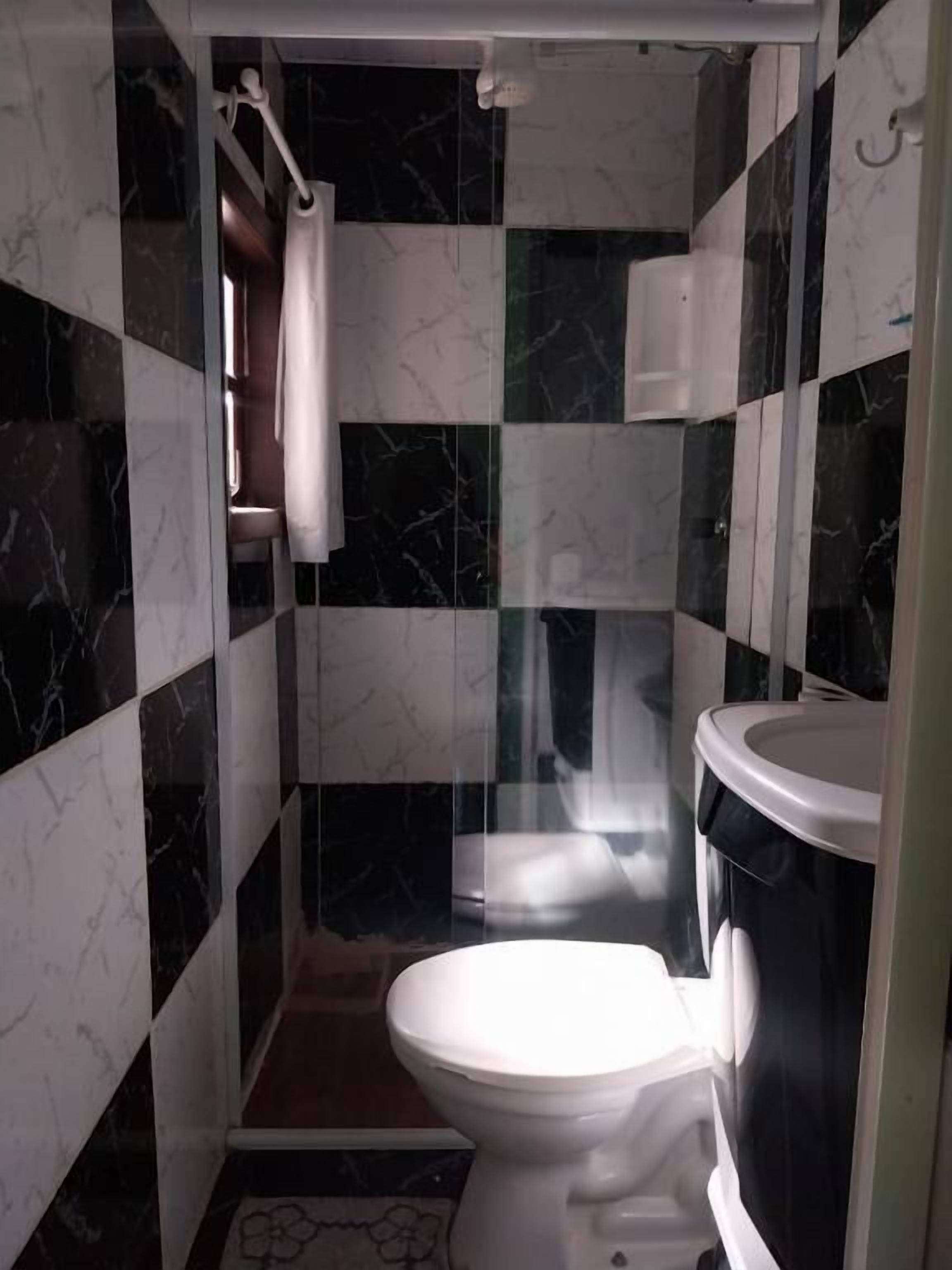 A bathroom with a toilet, shower, and a towel rack.