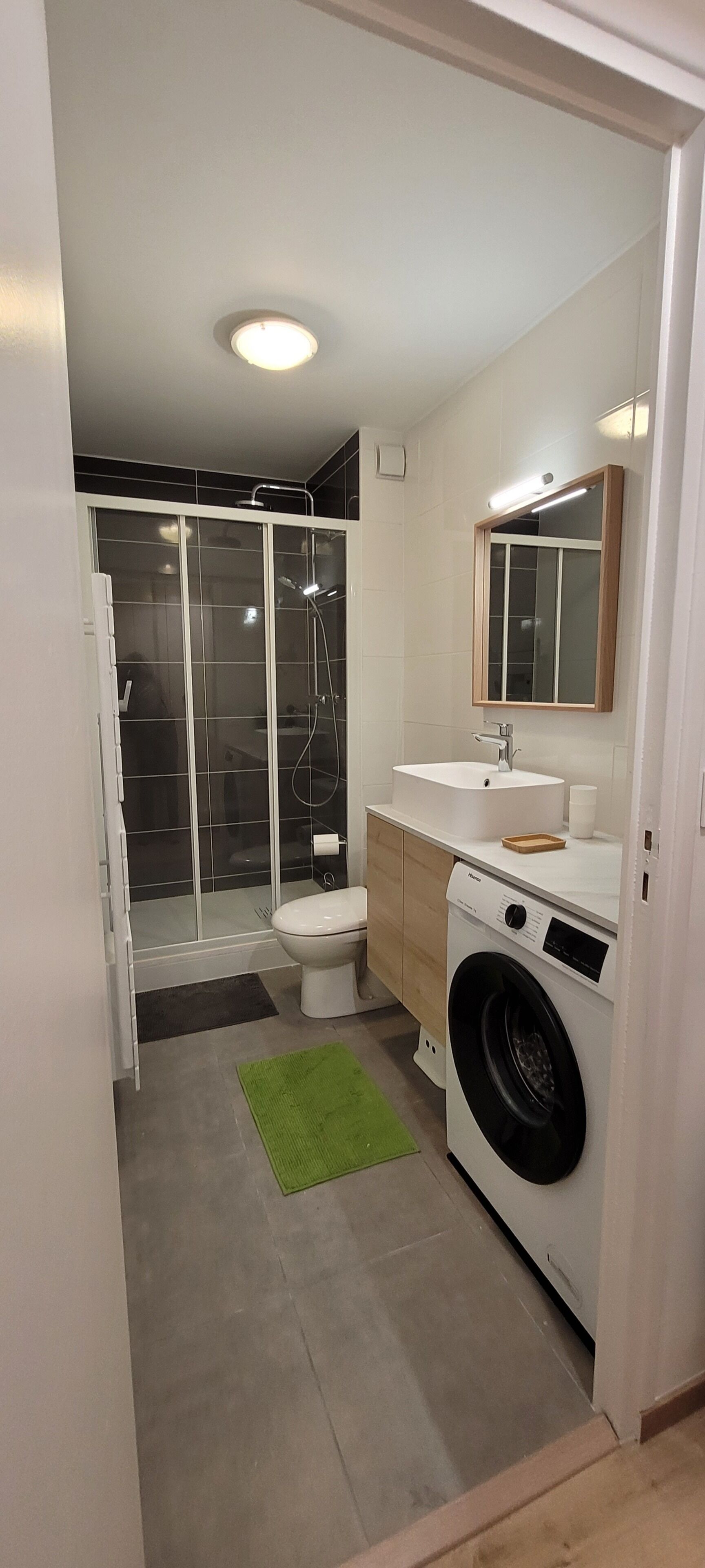 Shower, hair dryer, soap, toilet paper