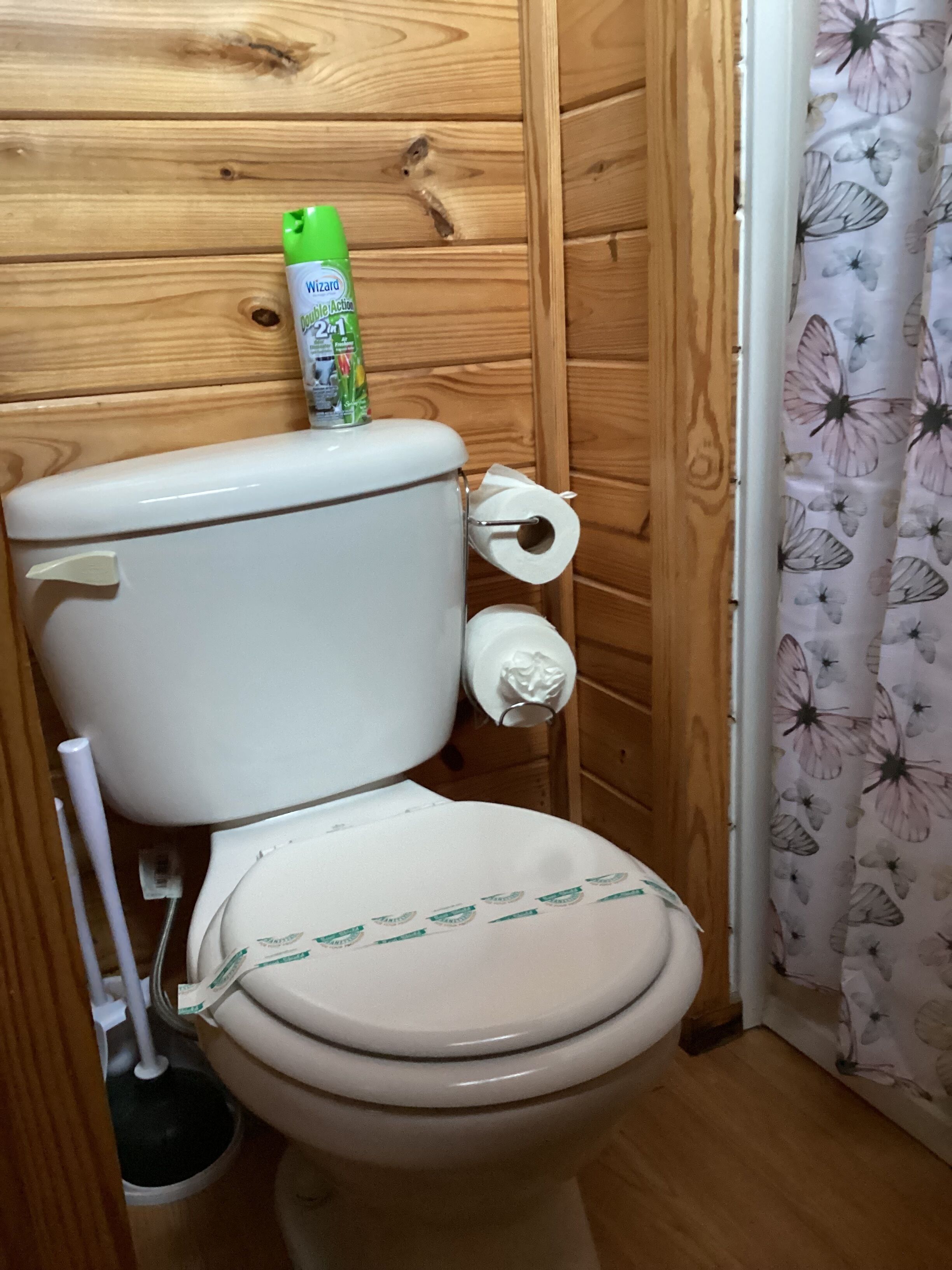A toilet with a toilet paper holder, a toilet brush, and a toilet paper roll.