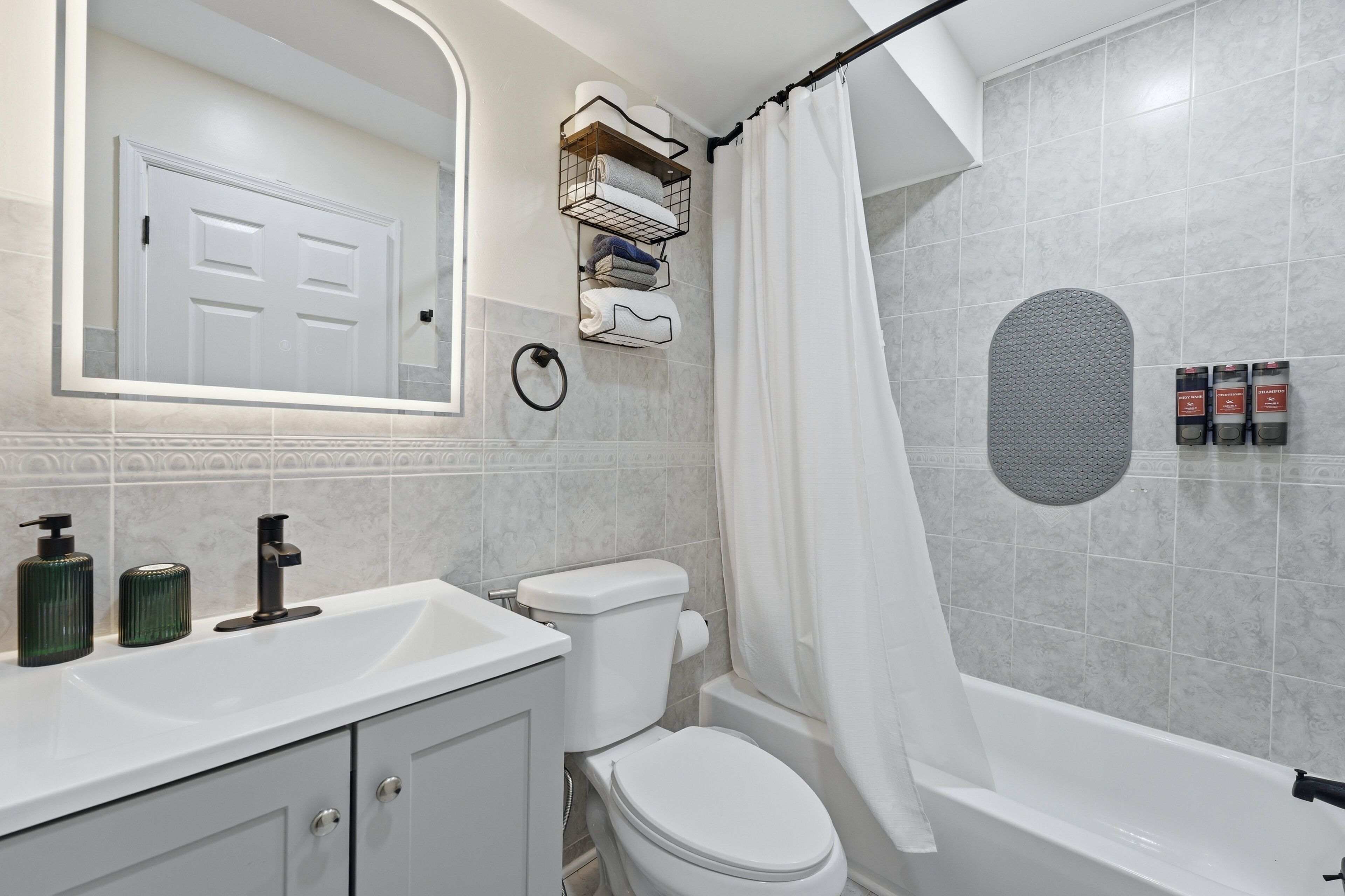 Hair dryer, bidet, towels, soap