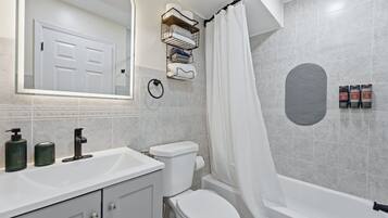 Hair dryer, bidet, towels, soap