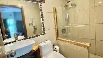 Hair dryer, towels, soap, toilet paper