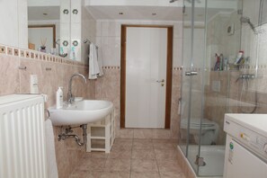 Une salle de bain équipée d’un lavabo, d’un miroir, d’une douche et de toilettes.