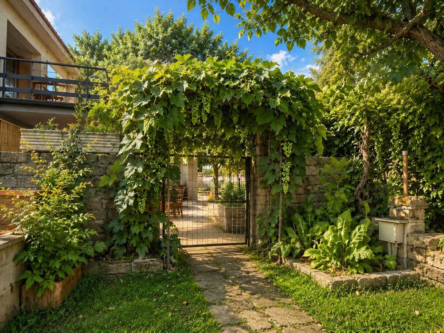 A stone wall with a vine-covered archway leading to a gated entrance.