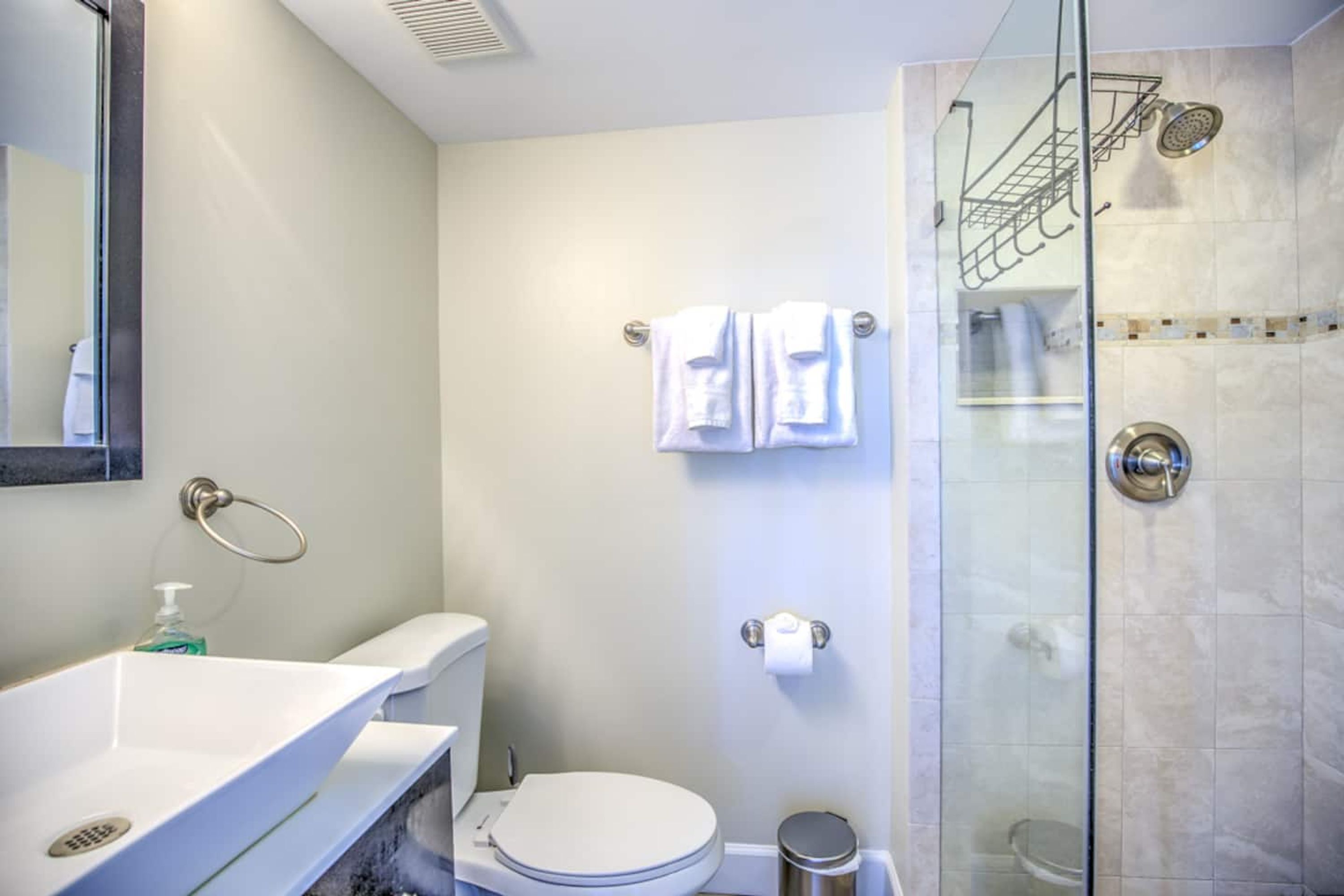 A bathroom with a toilet, sink, and glass shower enclosure.