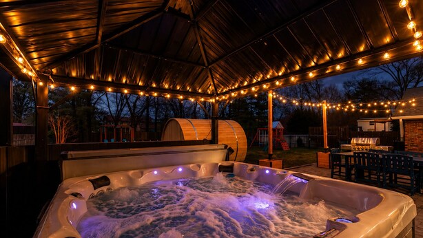 Un bain à remous avec une terrasse en bois et des guirlandes lumineuses, entouré d’un patio abrité.