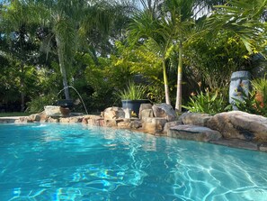 A clear swimming pool surrounded by rocks and tropical vegetation. - Amazing Private Tropical Pool, Fire Pit, 3 mins to Crystal Beach. (Palm Harbor)