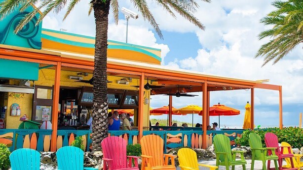 Um restaurante à beira-mar com cadeiras e guarda-sóis coloridos, uma palmeira e vista para o oceano.