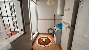 Een smalle keuken met een wasmachine, een blauwe wasbak en een vloermat met leeuwthema.