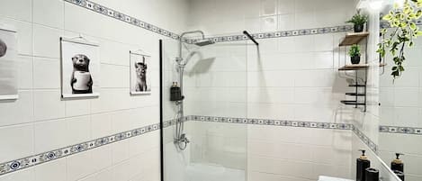 Shower, hair dryer, bidet, towels