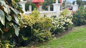 Ein rotes Haus mit weißem Zaun, umgeben von verschiedenen Pflanzen und Blumen.