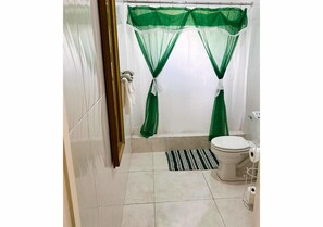 Regadera, toallas, papel de baño 
