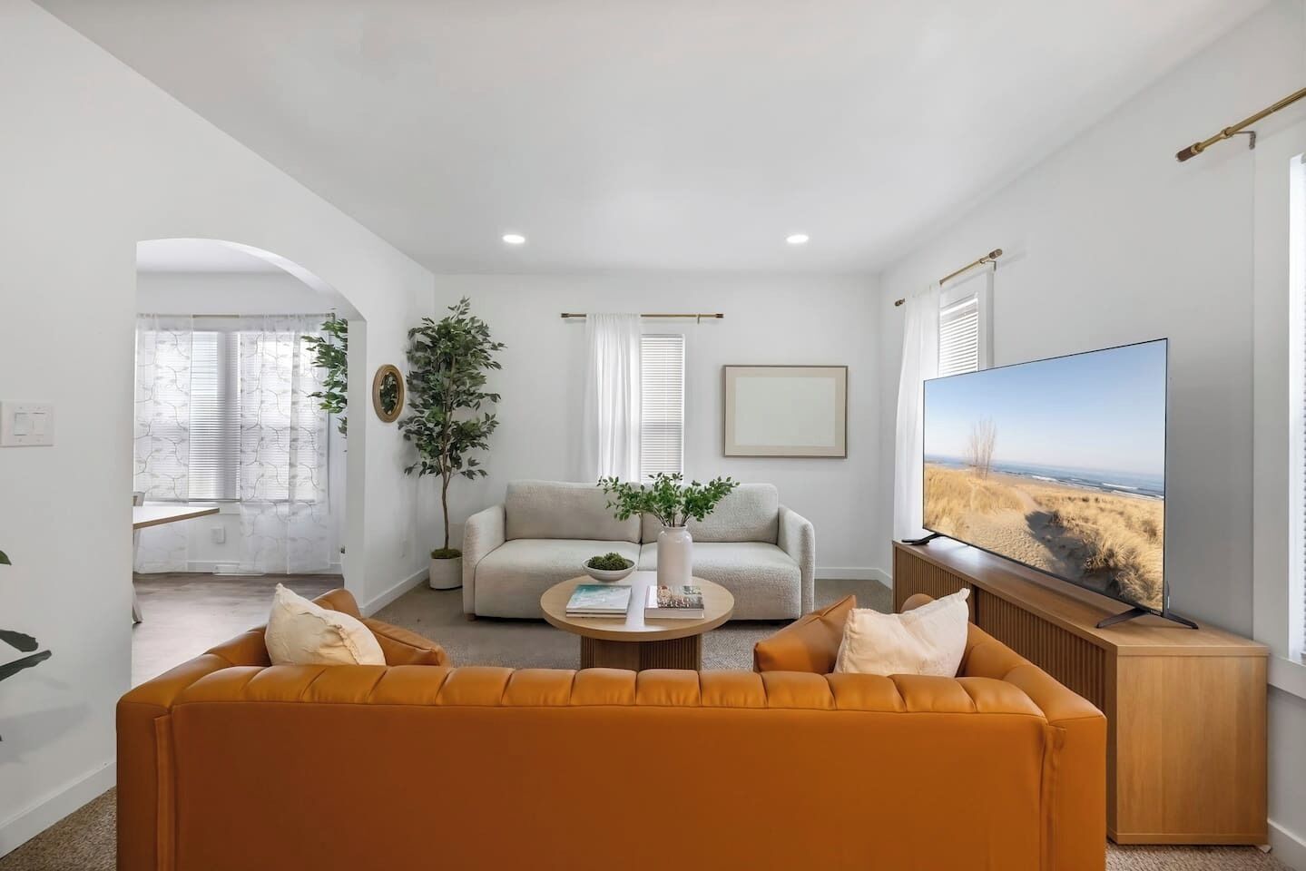 A living room with a sofa, a coffee table, a television, and a plant.