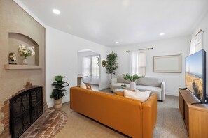 Un salon avec une cheminée, un canapé, un téléviseur et une plante.