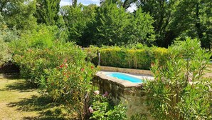A garden with a swimming pool surrounded by lush greenery and various plants. - Drôme provençale house with swimming pool and river (La Bégude-de-Mazenc)