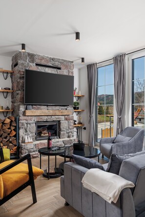 Smart TV, fireplace, table football, books