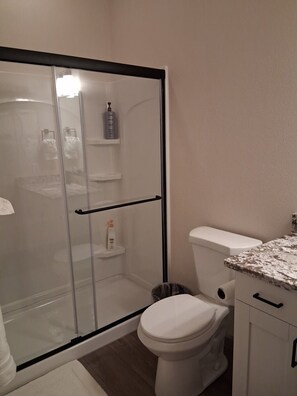 Hair dryer, towels, soap, toilet paper
