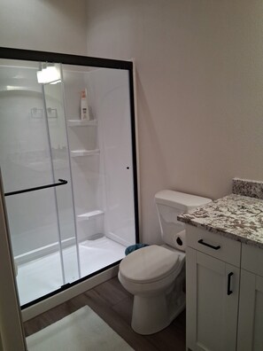 Hair dryer, towels, soap, toilet paper