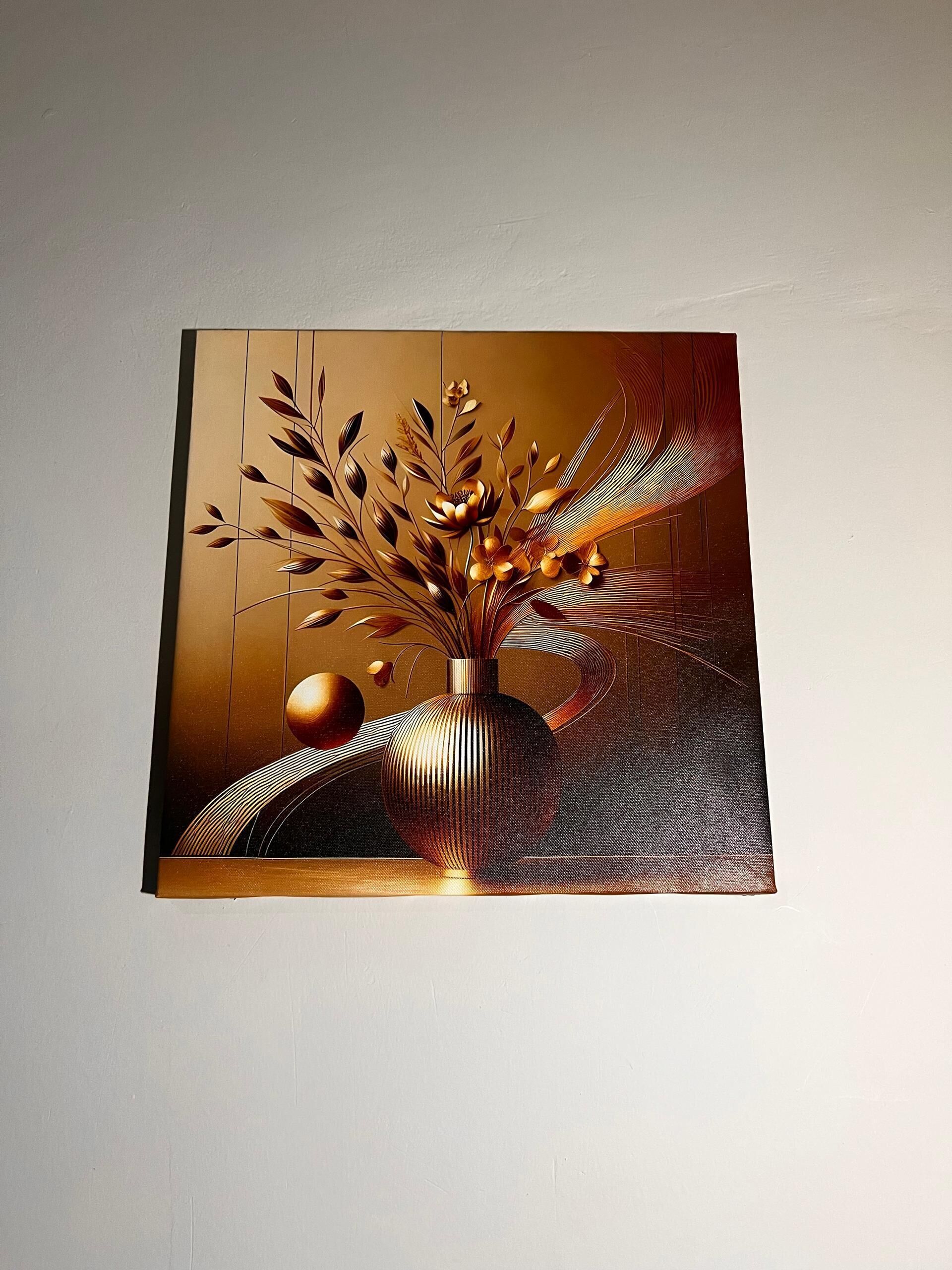 Una obra de arte enmarcada con un diseño floral y un objeto esférico.