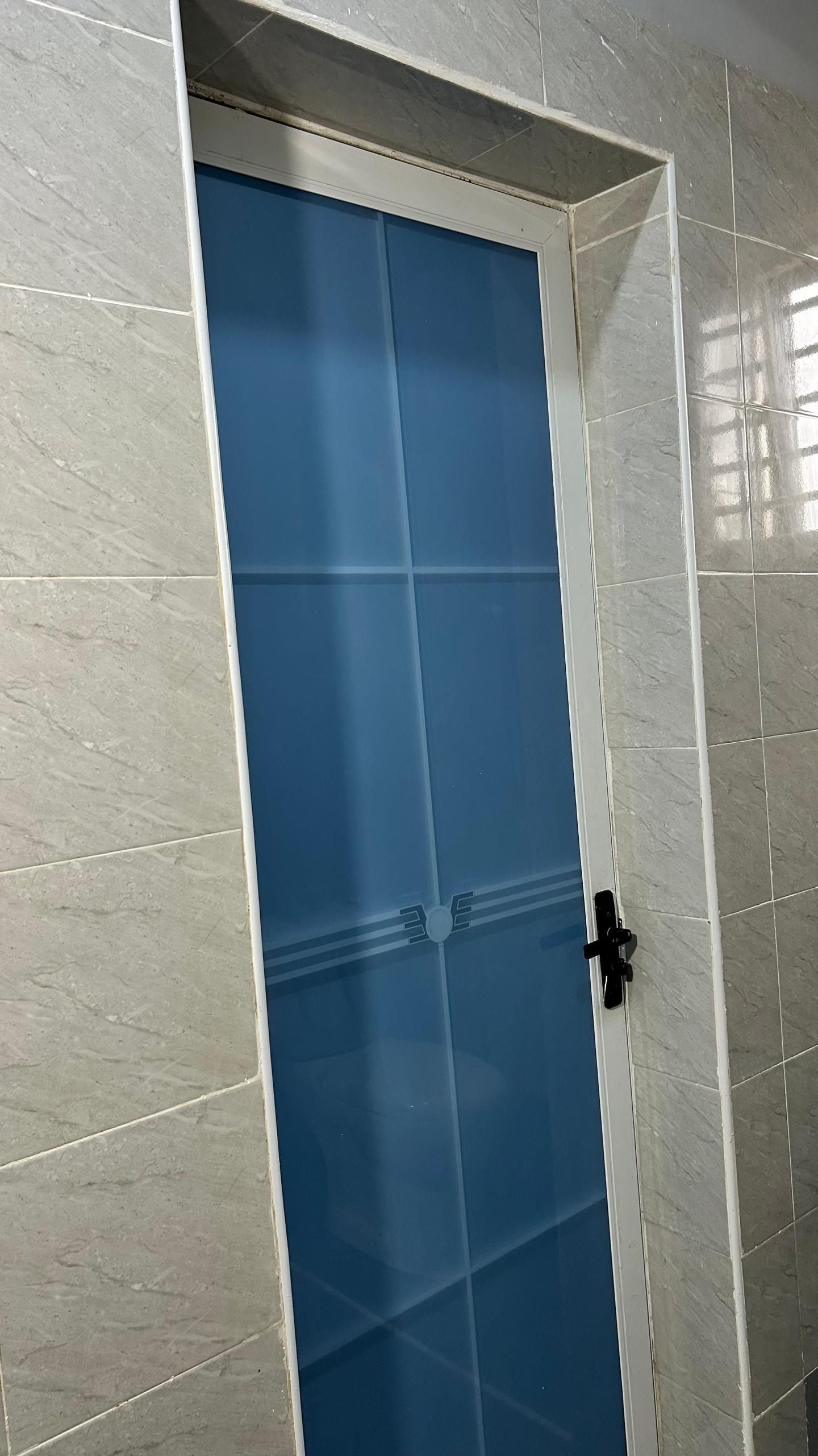 Una porta con un pannello di vetro satinato e una maniglia nera.