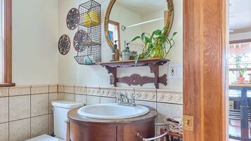 Hair dryer, towels, soap, toilet paper