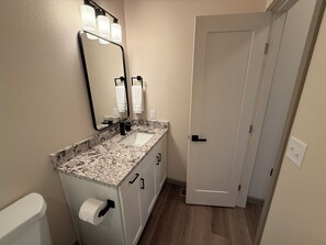 Hair dryer, towels, soap, toilet paper