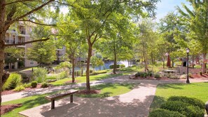 Ein Park mit einer Bank, Bäumen, einem Pfad und einem Gewässer im Hintergrund.