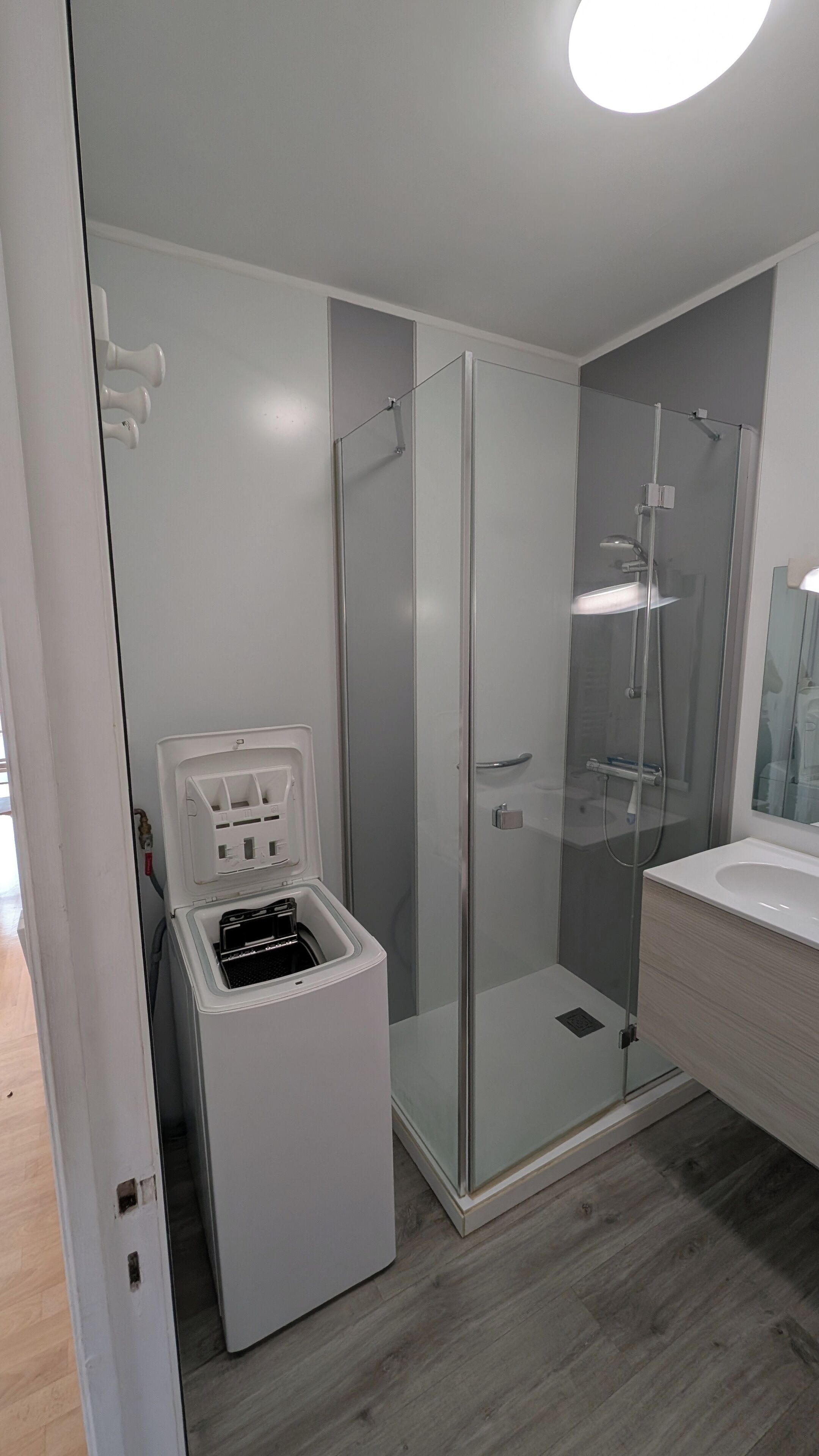 Shower, towels, soap, toilet paper
