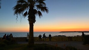 A sunset view with a palm tree and people sitting on a stone wall by the sea. - Waterfront Apartment in San Leone with Sea View (San Leone)