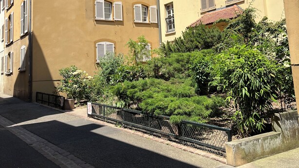 Ein mehrstöckiges Gebäude mit rotem Ziegeldach, zahlreichen Fenstern mit Fensterläden und einem kleinen Garten mit verschiedenen Pflanzen.