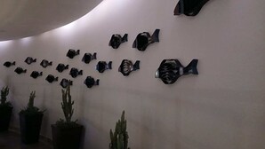 Eine Wand mit mehreren fischförmigen Skulpturen.