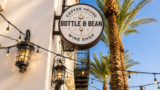 A building with a sign for a coffee house, bottle & bean, and wine shop. - Chandler Vacation Rental, 2 Bedroom Condo at The Cays with a Resort Pool & Spa (Chandler)